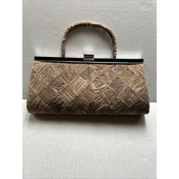 Vintage Metal Framed Clutch Brushed Earth Tone Material Yellow Velvet Lined 1950 - Picture 1 of 9